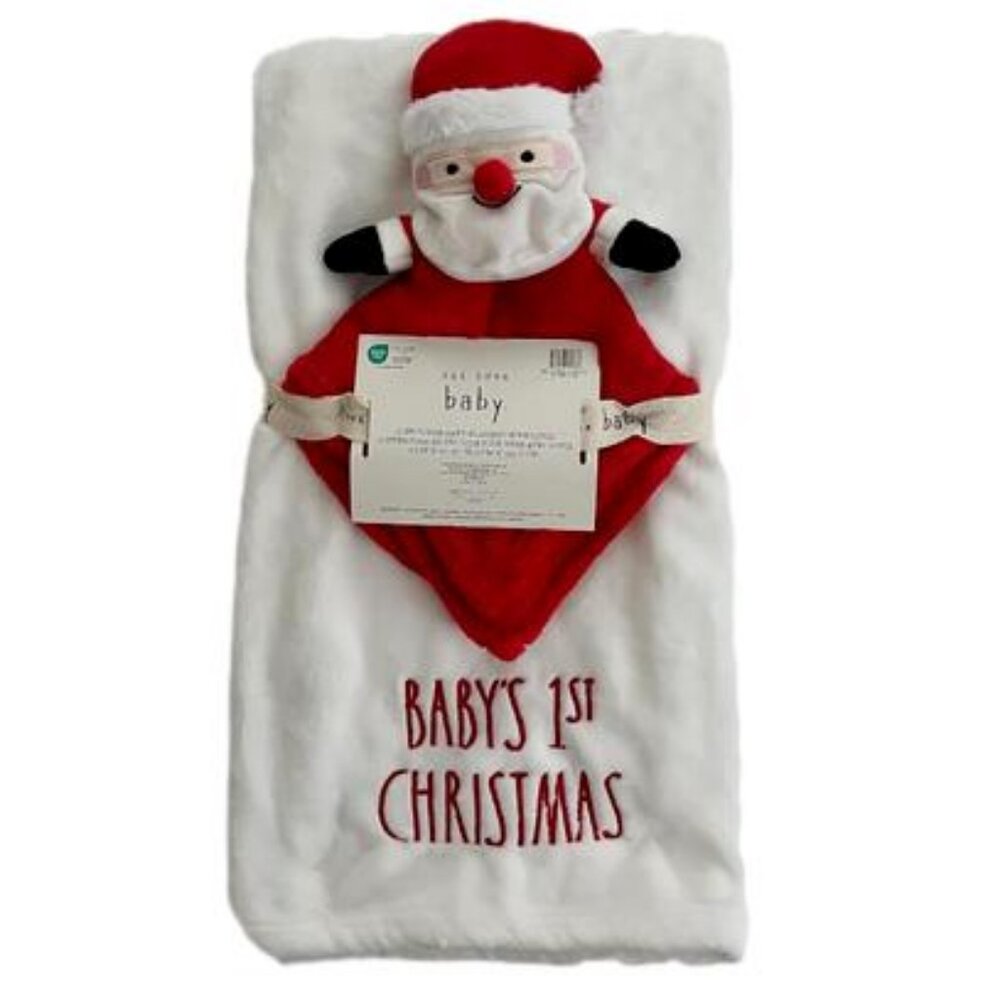 Rae Dunn BABY'S 1ST CHRISTMAS Baby Blanket Lovie Set Santa Plush Soft White NEW